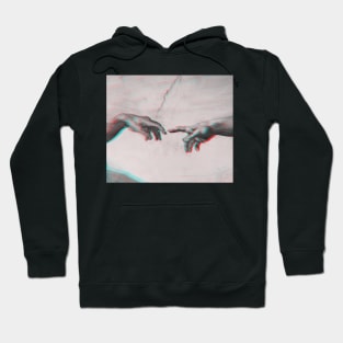 The Creation of Adam in GLITCH - Wall Tapestries Sistine Chapel near-touching hands of God and Adam Red Colorized Hoodie